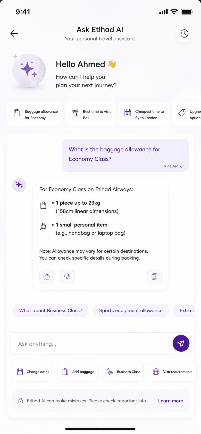 Ask Etihad AI — chat interface