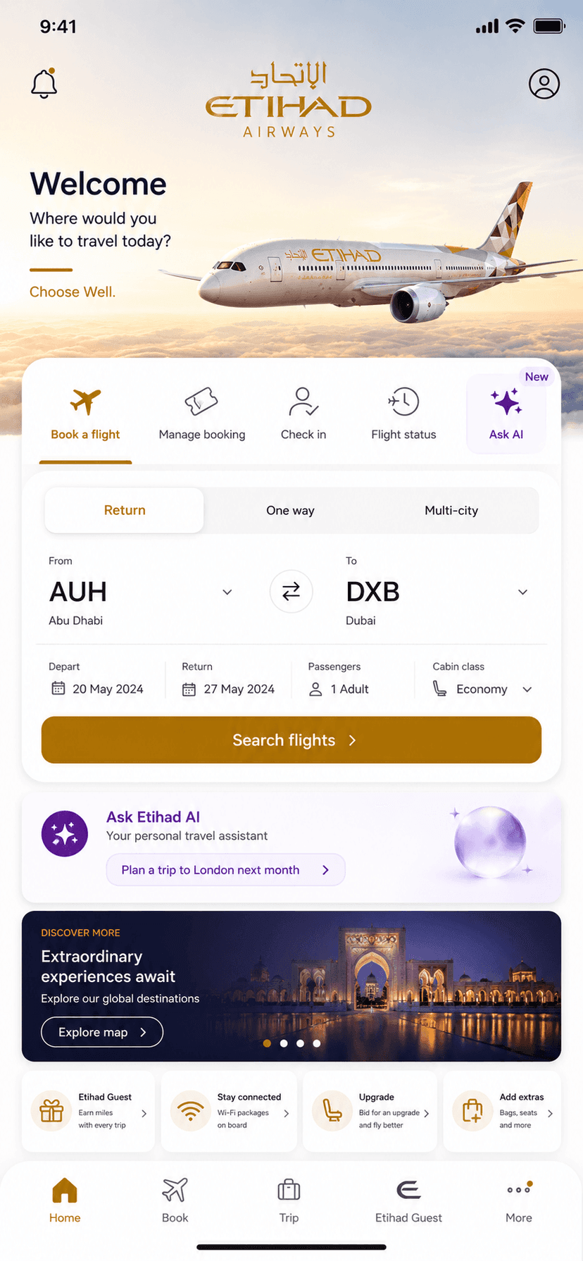 Etihad home screen with Ask AI