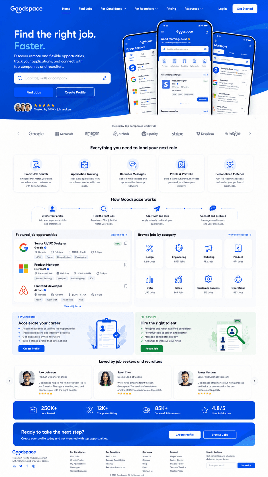 GoodSpace web landing page — Find the right job. Faster.