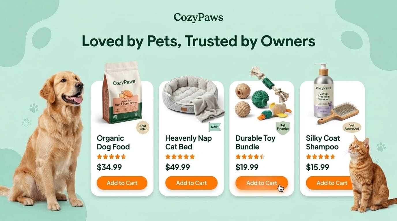 Featured products — Organic Dog Food, Heavenly Nap Cat Bed, Durable Toy Bundle, Silky Coat Shampoo