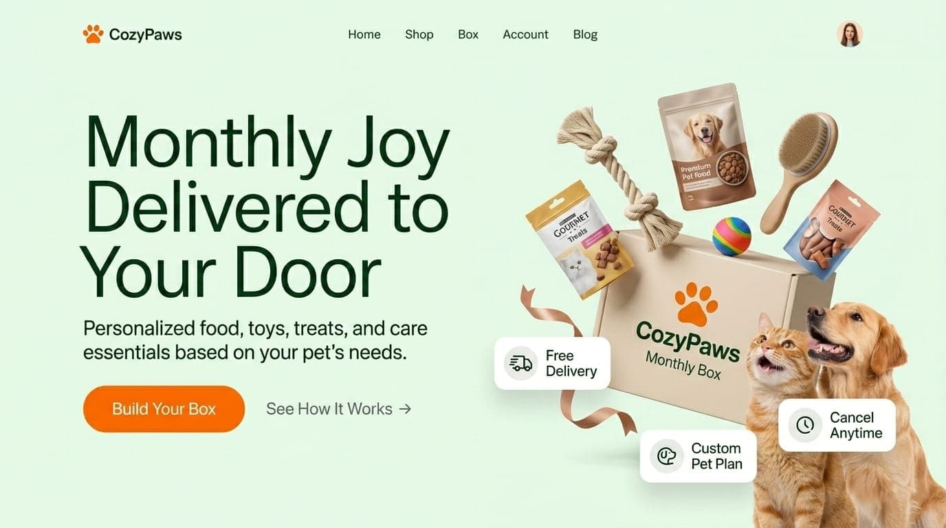 CozyPaws subscription box landing page — Monthly Joy Delivered to Your Door