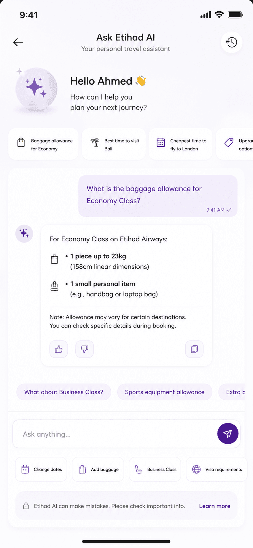 Ask Etihad AI conversation