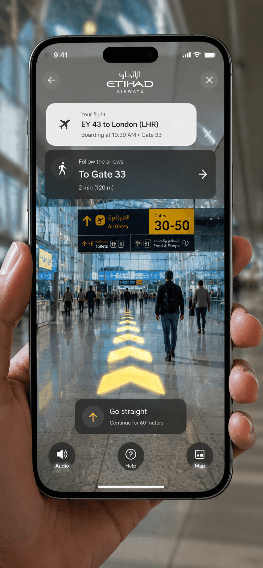 AR wayfinding arrows leading to airport gate
